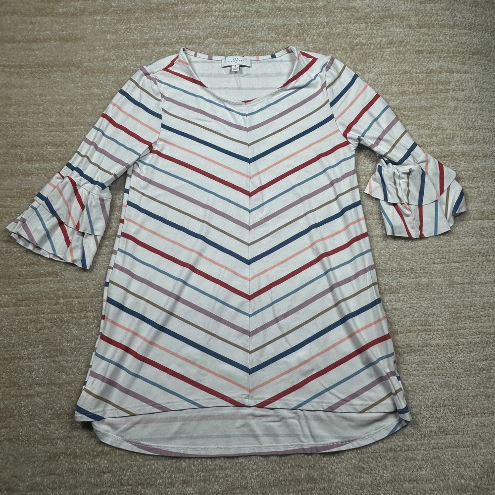 New Directions Womens Small Multi Color Striped Ruffle Bell Sleeve Knit Top